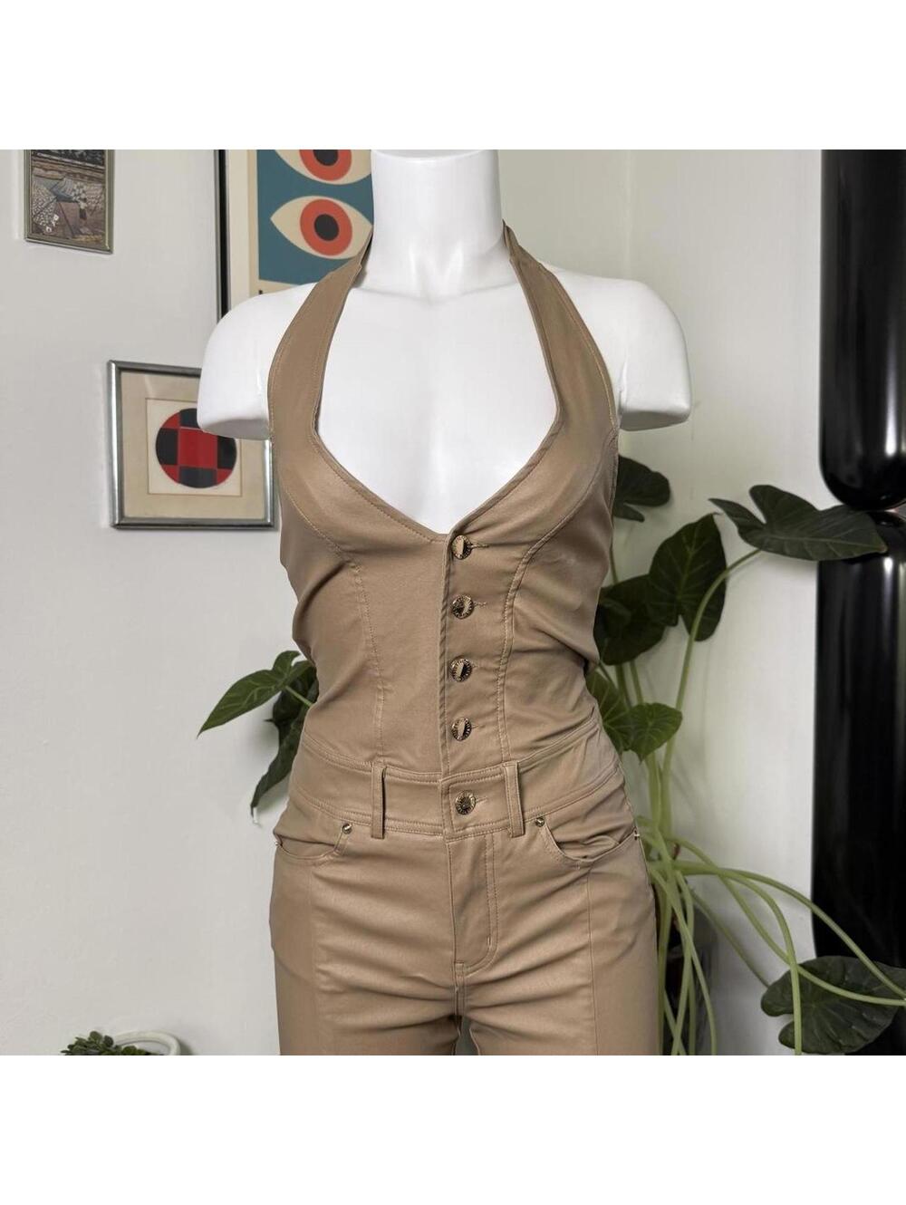 Retrofete Cynthia Coated Denim Flared Halter Jumpsuit